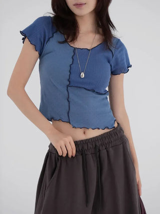 Shinun Diamond Punching Color Block Frill Tee