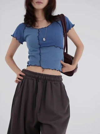 Shinun Diamond Punching Color Block Frill Tee