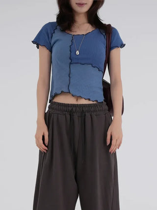 Shinun Diamond Punching Color Block Frill Tee