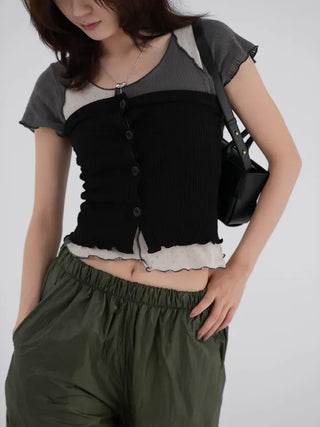Shinun Diamond Punching Color Block Frill Tee