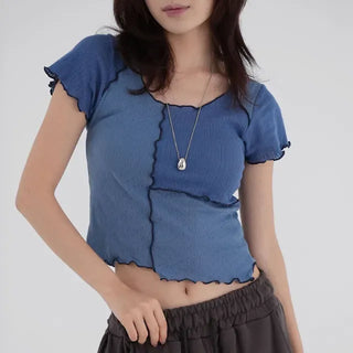 Shinun Diamond Punching Color Block Frill Tee