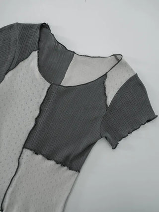 Shinun Diamond Punching Color Block Frill Tee