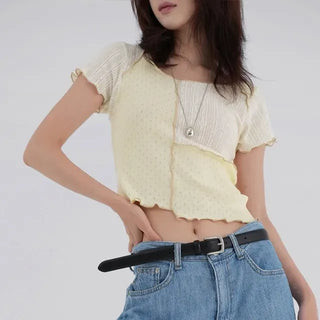 Shinun Diamond Punching Color Block Frill Tee