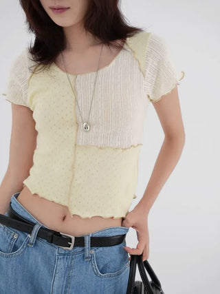 Shinun Diamond Punching Color Block Frill Tee