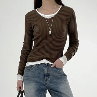Knick Ribbed V-Neck Long Sleeve Tee