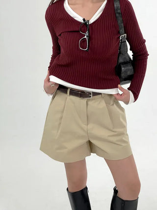 Knick Ribbed V-Neck Long Sleeve Tee