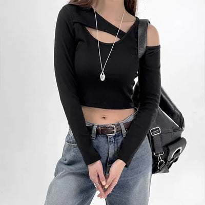 Silly Shoulder Cut Cropped Long Sleeve