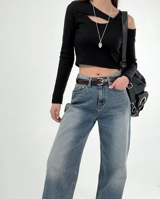 Silly Shoulder Cut Cropped Long Sleeve