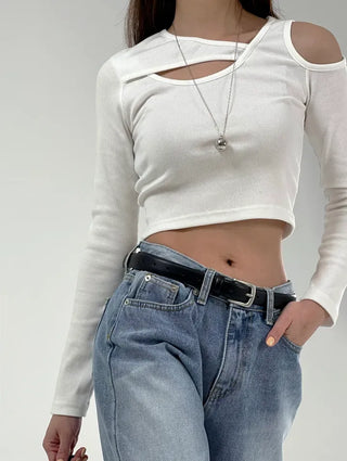Silly Shoulder Cut Cropped Long Sleeve