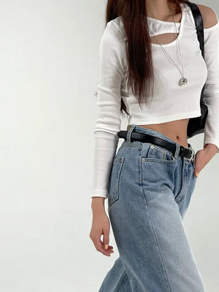 Silly Shoulder Cut Cropped Long Sleeve