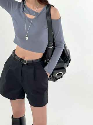 Silly Shoulder Cut Cropped Long Sleeve