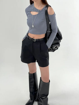 Silly Shoulder Cut Cropped Long Sleeve