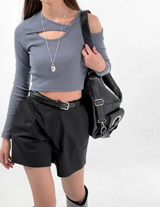 Silly Shoulder Cut Cropped Long Sleeve