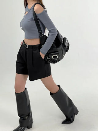 Silly Shoulder Cut Cropped Long Sleeve