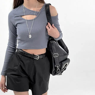 Silly Shoulder Cut Cropped Long Sleeve