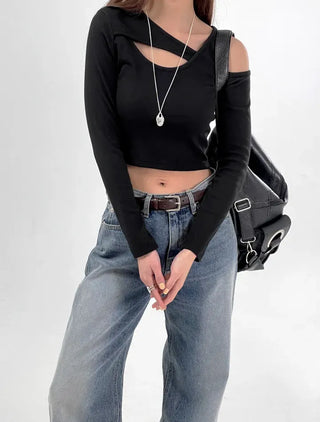 Silly Shoulder Cut Cropped Long Sleeve