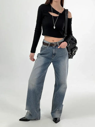 Silly Shoulder Cut Cropped Long Sleeve