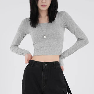Small U-neck cropped long-sleeve T-shirt