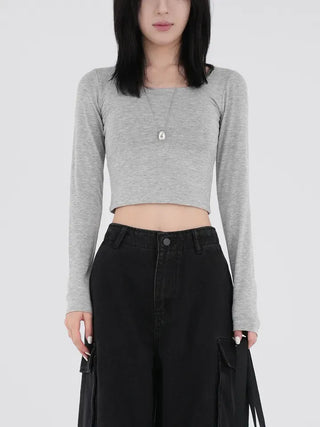 Small U-neck cropped long-sleeve T-shirt