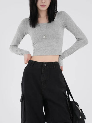 Small U-neck cropped long-sleeve T-shirt