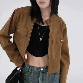 Plan collarless suede jacket