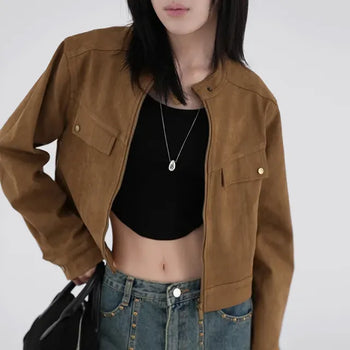 Plan collarless suede jacket
