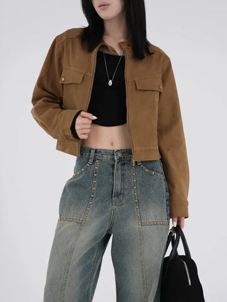 Plan collarless suede jacket