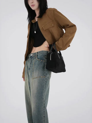 Plan collarless suede jacket