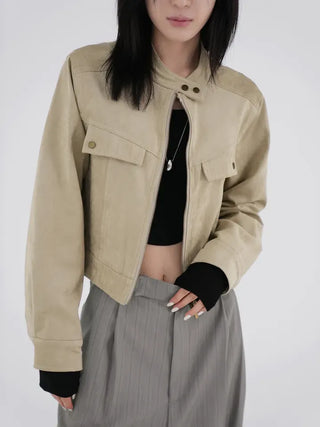 Plan collarless suede jacket