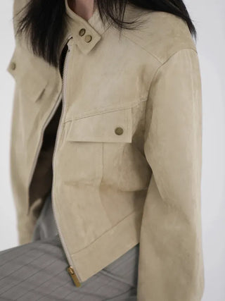 Plan collarless suede jacket