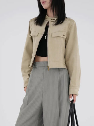 Plan collarless suede jacket