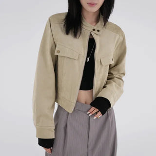 Plan collarless suede jacket