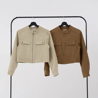 Plan collarless suede jacket