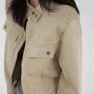 Plan collarless suede jacket