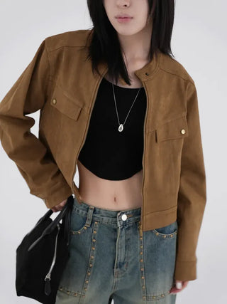 Plan collarless suede jacket
