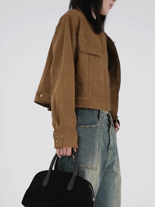 Plan collarless suede jacket
