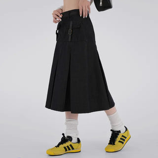 Marenda Denim Pocket Pleated Midi Skirt