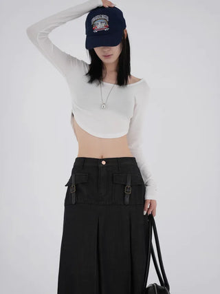 Marenda Denim Pocket Pleated Midi Skirt