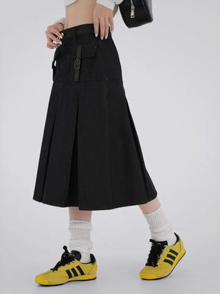 Marenda Denim Pocket Pleated Midi Skirt