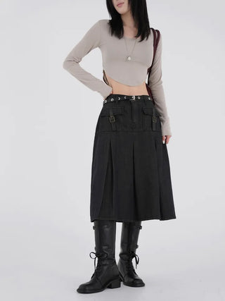 Marenda Denim Pocket Pleated Midi Skirt
