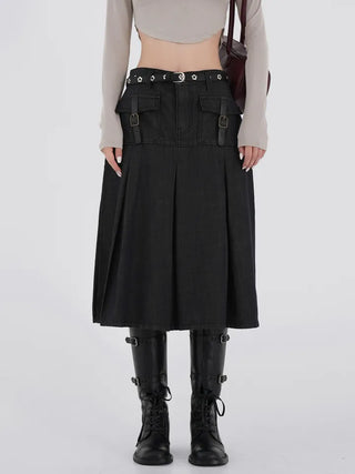 Marenda Denim Pocket Pleated Midi Skirt