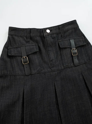 Marenda Denim Pocket Pleated Midi Skirt