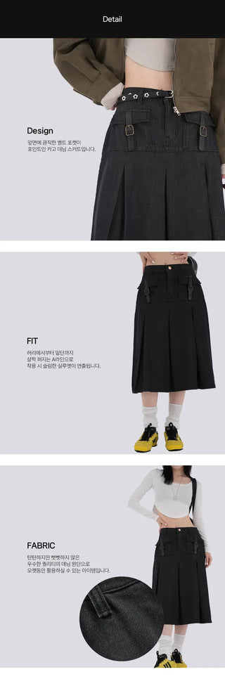 Marenda Denim Pocket Pleated Midi Skirt