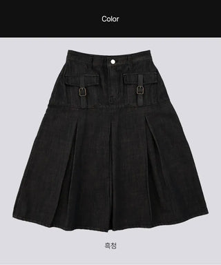 Marenda Denim Pocket Pleated Midi Skirt