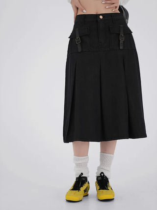 Marenda Denim Pocket Pleated Midi Skirt