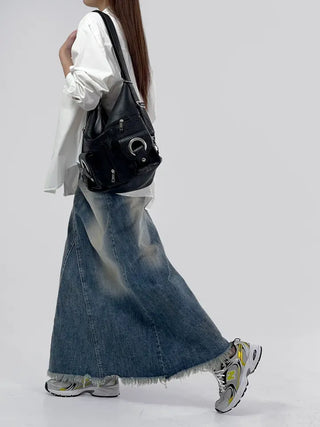 Awning denim maxi long skirt