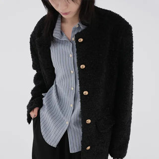 Russet Collarless Fluffy Jacket