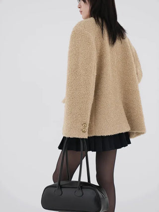 Russet Collarless Fluffy Jacket