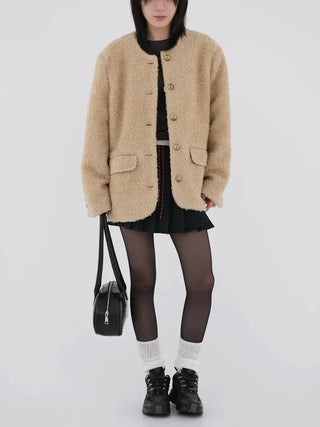 Russet Collarless Fluffy Jacket
