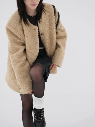 Russet Collarless Fluffy Jacket